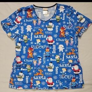Rudolph Xmas Scrub Top Large Womens Rudolph The Red Nose Reindeer W Santa Hermey